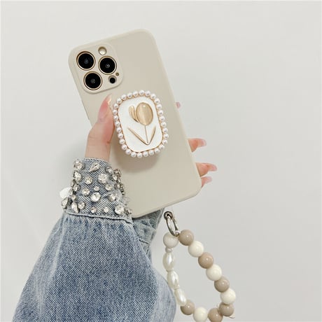 チューリップスマホグリップ  真珠 金属 オシャレ シック スタンド 可愛い 粘着タイプ 可愛い キラキラ 全機種対応 ギフトにおすすめ[M2570]