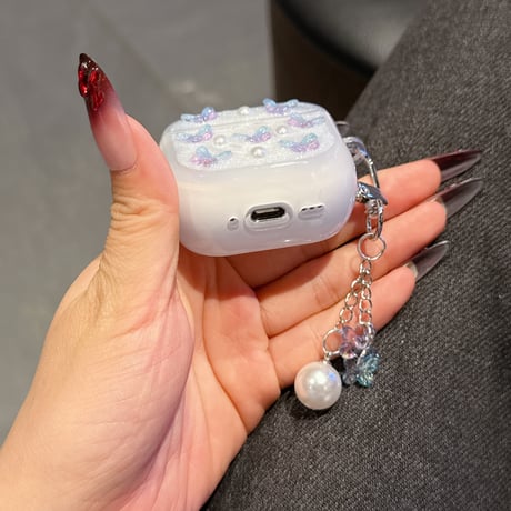 かわいい蝶々 Airpods 4ケース パールキーホルダー付 かわいい Airpods3/Pro2ケース airpodsproカバー 頑丈 ガーリーファッション[M5272]