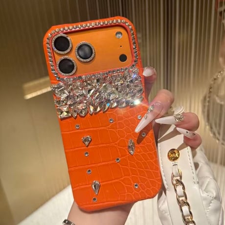 高級感ダイヤモンド iPhone17ProMax/17Proケース オレンジ革製 iPhone17/Airカバー おしゃれ キラキラ 贅沢[M5740]