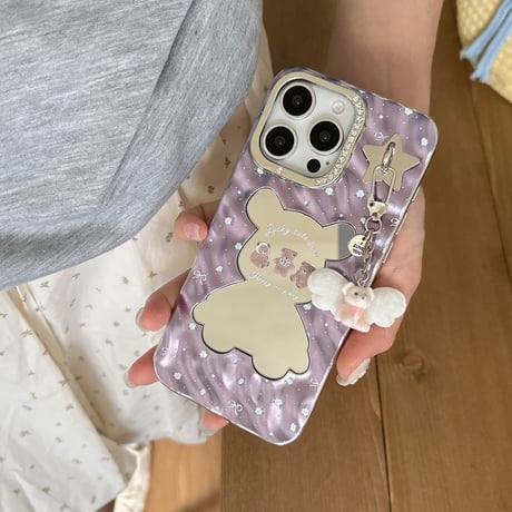 熊ちゃんミラー iPhone16/16proケース 可愛いバックチャーム付 iPhone15pro/14pro/13カバー 艶感 可愛い [M5419]