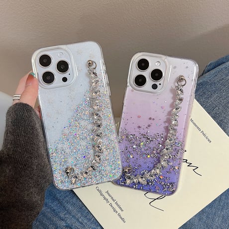 オシャレダイヤモンドチェーン iPhone14pro/14promaxケース グリッター入り アイフォン13/12proカバー  綺麗  ガールズに超人気 可愛い 実用 [M2559]