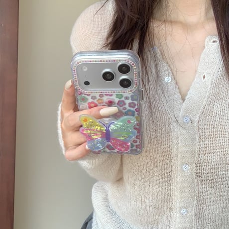 蝶グリップ iPhone17pro/17ケース 花柄 iPhone16/15promax/14ケース かわいい 多機能便利[M6205]