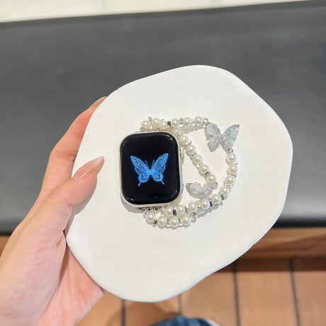 パール蝶々 アップルウォッチ10バンド 高級感  AppleWatch Ultra2/1/SE(第2/1世代)/Series9/8/7/6/5/4/3/2/1 シルバー スターライト[M4777]