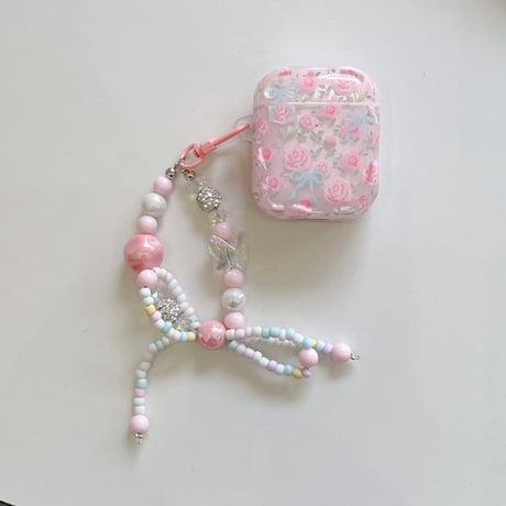 ピンク花柄 Airpods 4ケース リボンキーチェーン付 Airpods3/Pro2ケース airpodsproカバー  大人可愛い ガーリーファッション [M5258]