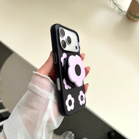 パープル花柄 iPhone17/17Proケース マグネット式グリップ付 iPhone16Pro/15promaxケース 可愛い便利 甘めコーデ [M6425]