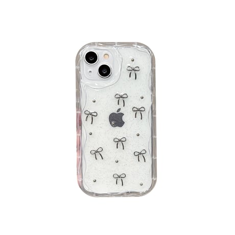 立体リボン iPhone15/16proケース うねうね ラメ入り iPhone14/13pro/12proケース キラキラクリアケース[M4436]
