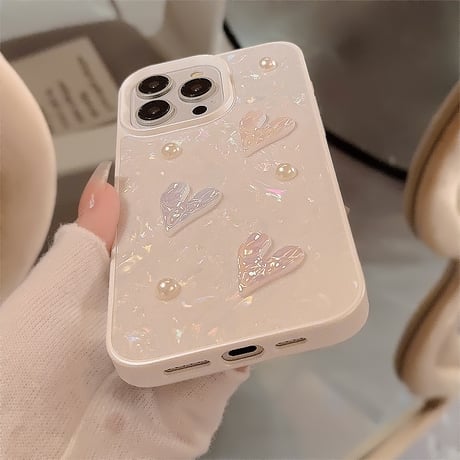 シェル風 iphone15/15proケース  ハート/パールデコ  iphone14pro/13/12promax/11カバー 可愛い 女子力アップ[M4129]