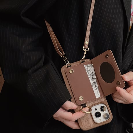 iPhone15/14proケース カード収納 鏡付き ショルダー付   エレガント セレブ愛用[M3472]