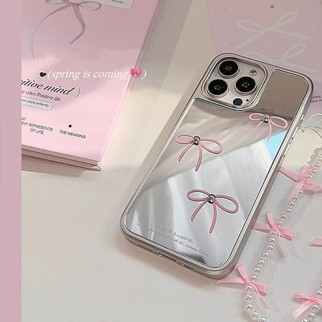 リボン 鏡 iPhone16pro/16ケース パールストラップ iphone15pro/14/13proカバー 大人可愛い ピンク 便利[M5159]