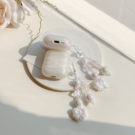 キラキラ感シェル柄 Airpods Pro3ケース リボンキーホルダー Airpods 4/3カバー  AirpodsPro2/1  大人可愛い きれい[M6312]