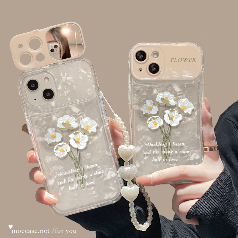 ミラー付花束 iPhone15/14/13ケース 貝殻紋 真珠ストラップ アイフォン 
