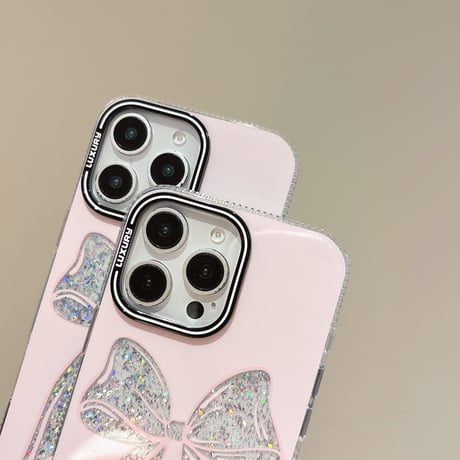 ラメリボン iPhone16pro/16ケース キラキラ ピンク iPhone15pro/14/13promaxケース おしゃれ 女子力UP [M5057]