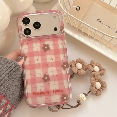 韓国風 花柄 iPhone17pro/17カバー ピンク チェック柄 iPhone16/15pro/14ケース 可愛いストラップ ガールズに人気[M6165]