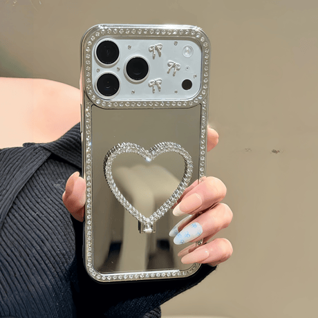 ジュエリーラインミラー iPhone17Pro/17ケース ダイヤハートミラーリングスタンド iPhone17Promax/16Pro/15ケース かわいい 多機能便利[M6173]
