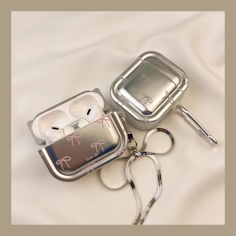 リボン柄 Airpods4/Pro2ケース リボンチャーム airpodsproカバー 可愛い メッキ 頑丈 大人可愛い[M4686]