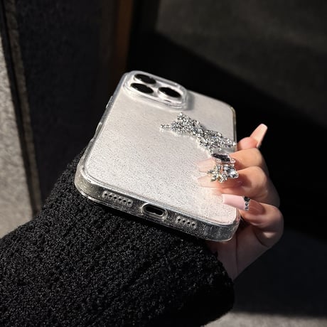 ジュエリー蝶 iPhone16pro/15promaxケース キラキララメ iPhone14/13pro/12カバー 大人可愛い 高級感[M5237]