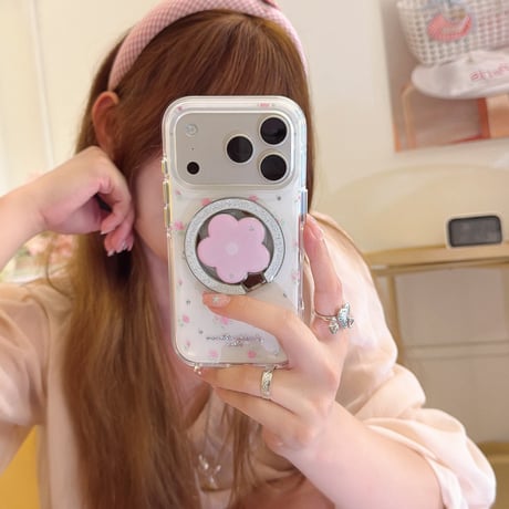 花リングスタンド iPhone17/17Proケース MagSafe対応 iPhone16Pro/15/14ケース 可愛い便利 甘めコーデ [M6423]