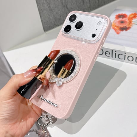 リボン/パールミラー付 iPhone17Pro/17ケース キラキララメいり iPhone16Pro/15/14ケース オシャレ クリスタルストラップ付[M6139]