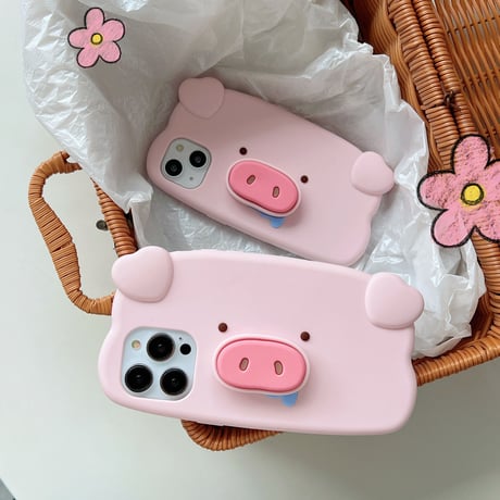 ブタ iphone14/13ケース 鼻スタンド  アイフォン12pro/11ケース  かわいい 高品質シリコン製 頑丈 ギフトにおすす[M3046]