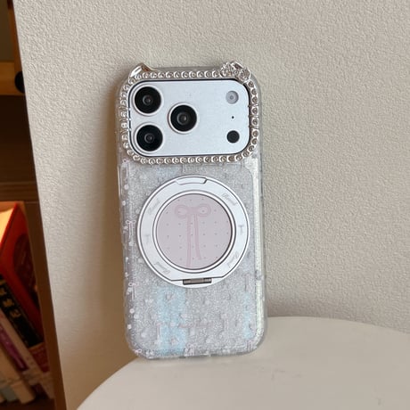 360度回転可リング iPhone17Pro/17ケース ジュエリーライン iPhone17ProMax/16Pro/15カバー 花柄とリボン柄 多機能便利[M6078]