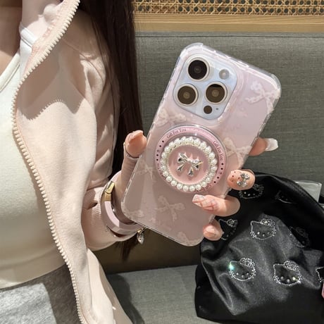 リボン柄 iPhone16pro/16ケース パールとリボングリップ マグネット iPhone15pro/14/13promaxケース かわいい 多機能 女子力UP [M5072]