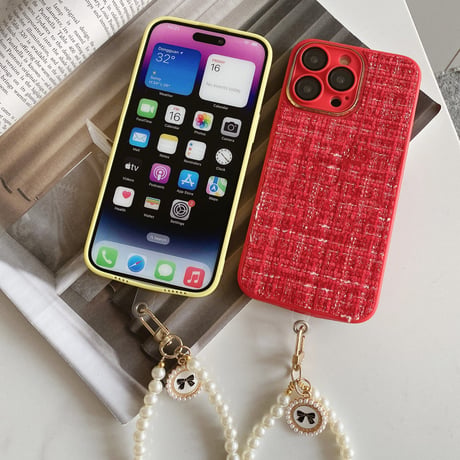 セレブ愛用 iPhone14/14proケース 真珠ストラップ付 アイフォン13pro/12/11カバー ツイード生地  Girls プレゼントにおすすめ[M2535]