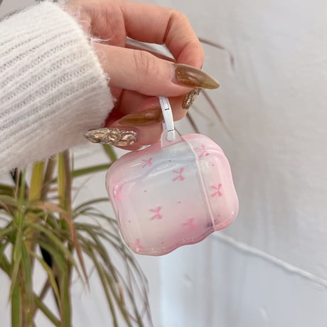 リボン柄 Airpods 4ケース グラデーションカラー ガーリーファッション Airpods3/2カバー Airpodspro2/pro リング/リボンキーチェーン うねうね[M4937]