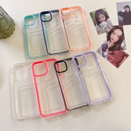 【iPhone15対応】カラー枠カード入れ付 iphone14/13promaxカバー  写真/メモ収納クリアアイフォン11/12miniケース  耐衝撃  頑丈 シンプル   M1094