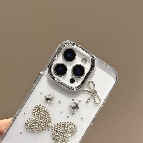 ダイヤリボン iPhone16pro/16ケース 透明 キラキラ iPhone15plus/14/13pro/12カバー 大人可愛い ハンドメイド[M5459]