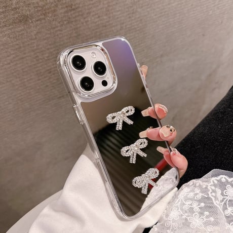 ジュエリーリボン iPhone16pro/16カバー メイク鏡付 iPhone15ptomax/14pro/13ケース おしゃれ 上品 可愛い [M5124]