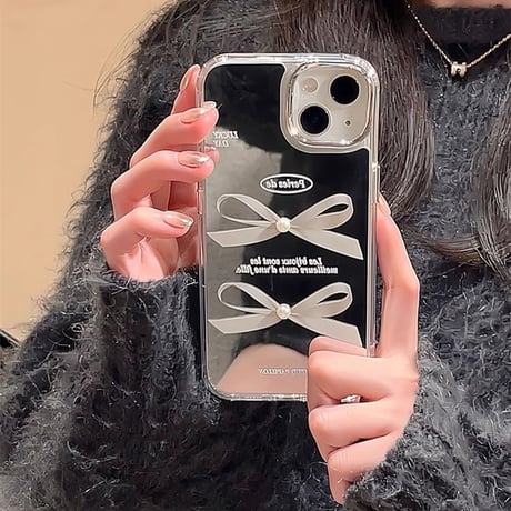 鏡 リボン柄 iphone15/14proケース  キラキラ  iphone13/12/11カバー  可愛い  便利 頑丈[M3823]