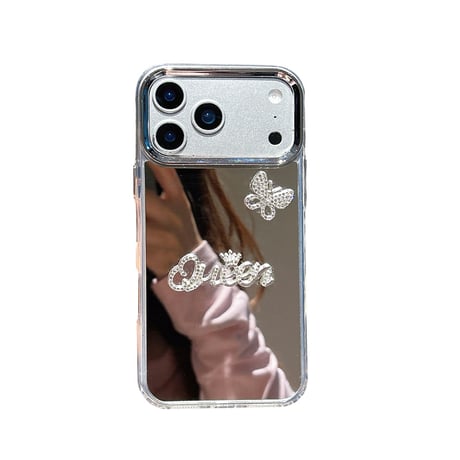 Queen ミラー iPhone17Pro/17ケース ジュエリー蝶デコ iPhone17ProMax/16Pro/15カバー オシャレ メイク直しに便利  [M5826]