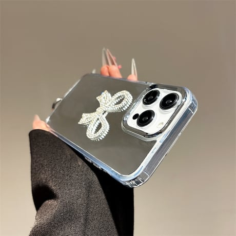 ミラー iPhone16e/16proケース ジュエリーリボン iPhone15pro/14/SEカバー  可愛いパールストラップ 高級感[M5220]