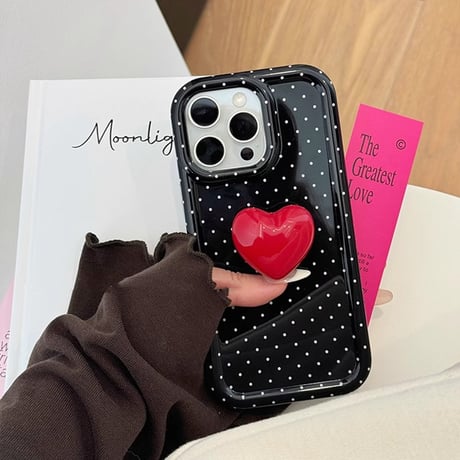 水玉模様 iphone16/16proケース  ハートグリップ iphone15pro/14/13proケース かわいい 韓国風 便利性ある[M5066]