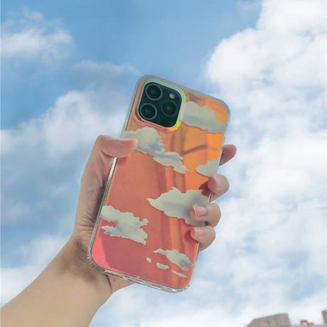透明雲柄 iphone12/11ケース  キラキラ空柄 アイフォンSE2/XS/8カバー ツヤ感 オーロラ光るインスタ映え可愛いM423