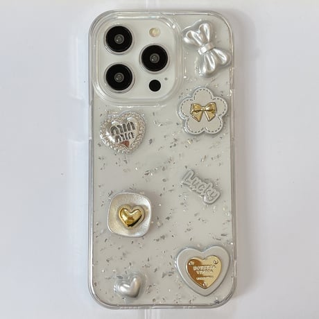 リボン/ハートデコ iPhone15/16proケース ストラップ付 グリッター入り iPhone14/13pro/12ケース  かわいい キラキラ[M3867]