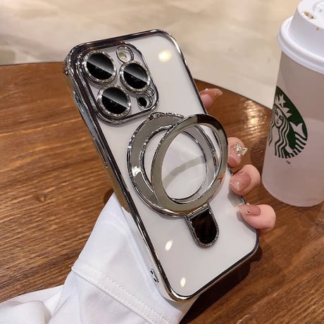 MagSafeスタンド一体型 iPhone16Pro/15ProMaxケース カメラ保護 クリアiPhone14pro/13Proケース メッキ 黄ばまない 色剥げない[M3617]