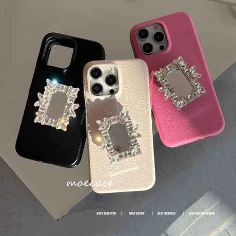 ダイヤモンドミラーグリップ iPhone14/14proレザーケース  シック オシャレアイフォン13/12/11スマホケース 実用 スタンド 高級感[M2625]