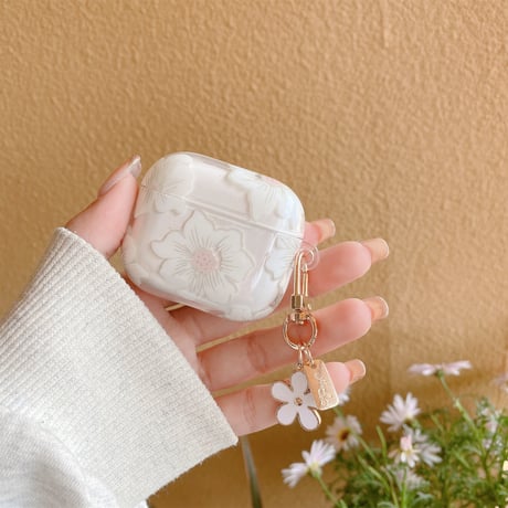 春夏 Airpods4ケース 白花柄  Airpods3/Pro2ケース airpodspro2カバー  花キーチェーン付 女子力高い 淡色系[M5204]