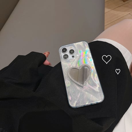 オシャレ鏡付 iPhone15/15Proケース キラキラ iPhone14Pro/13/12ケース ホワイト 女子に人気 [M3758]
