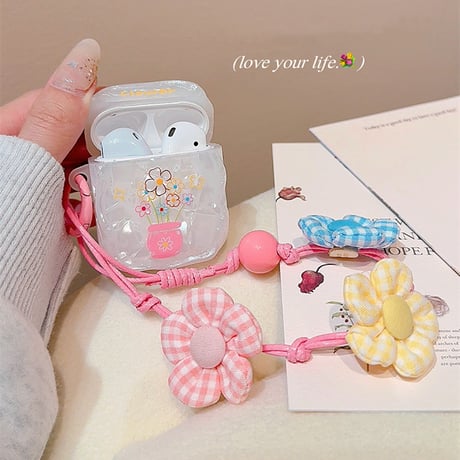 韓国風 Airpods4ケース シェル風花柄 Airpods3/Pro2ケース airpodspro2カバー  ストラップ うねうね 艶感[M5507]
