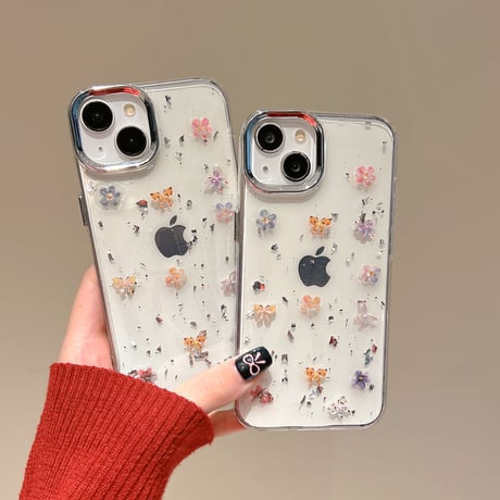 春夏向け アイフォン16pro/15ケース 花/蝶デコ iPhone14/13pro/12カバー 透明 大人可愛い 丈夫[M5154]