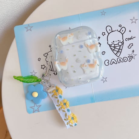 猫ちゃん花柄 Airpods Pro3ケース 刺繍花のストラップ Airpods 4/3カバーケース AirpodsPro2/1  可愛い ギフトに合う [M6185]