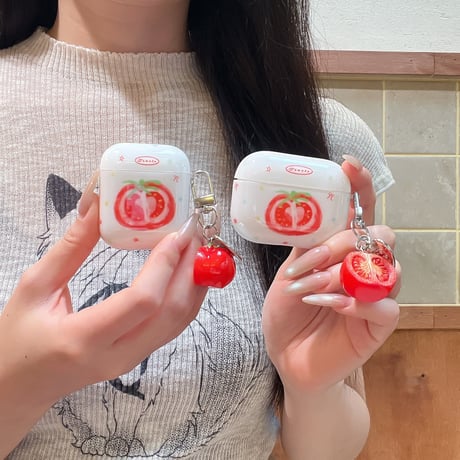 トマト AirpodsPro3ケース 美味しいそう Airpods4/3カバー AirpodsPro第2/1世代 キーホルダー付 かわいい[M6525]