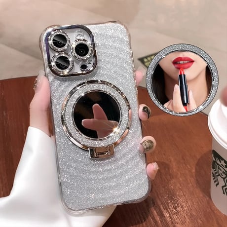MagSafeリング鏡付 iPhone16/15proケース キラキラスタンド付 iphone14pro/13/12カバー 便利 レンズフイルム付[M4207]