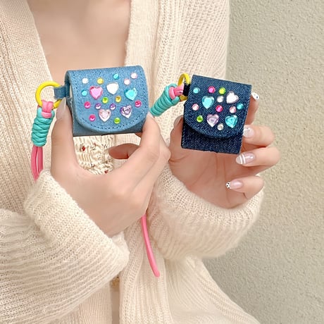 デニム AirPodsPro2ケース  DIYストーンシール付 airpods3/2ケース ストラップ付き  シック 耐久性あり ギフトにおすすめ[M3088]