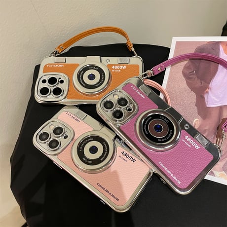 カメラデザイン iPhone15/14proケース ストラップ付アイフォン13pro/12/11カバー お揃い 皮 頑丈 プレゼントにおすすめ[M2458]