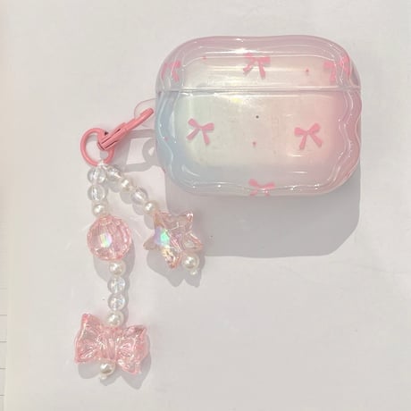 リボン柄 Airpods 4ケース グラデーションカラー ガーリーファッション Airpods3/2カバー Airpodspro2/pro リング/リボンキーチェーン うねうね[M4937]