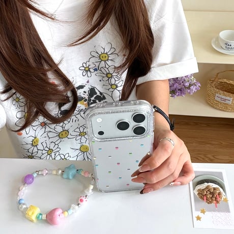 カラーハート柄 iPhone17pro/17カバー ミラー iPhone16/15pro/14ケース 可愛いストラップ 春夏向け[M6221]
