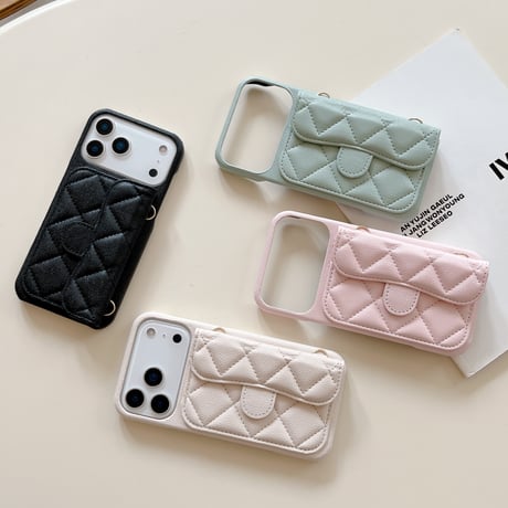 カード入れ付き iPhone17/17Proケース キルティングレザー ショルダーチェーン iPhone17ProMax/Airケース 高級感 セレブ愛用 高品質[M5729]